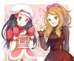 Rule 34 | 2girls, belt, black hair, bow, brown dress, buttons, clenched hands, commentary request, creatures (company), dawn (palentine&#039;s 2021) (pokemon), dawn (pokemon), dress, eyelashes, game freak, grey eyes, hair bow, hair ornament, hairclip, hand up, hands up, hat, light brown hair, long hair, looking at viewer, mittens, multiple girls, nintendo, official alternate costume, open mouth, pink bow, pink dress, pink mittens, pokemon, pokemon masters ex, serena (palentine&#039;s 2021) (pokemon), serena (pokemon), short sleeves, smile, tongue, white headwear, yomogi (black-elf)