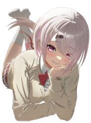 Rule 34 | 1girl, blush, cardigan, cheek rest, elbow rest, feet up, grey hair, grin, hair ornament, hairclip, hand on own cheek, hand on own face, head rest, highres, kisaragi edda, long hair, looking at viewer, low ponytail, lying, multicolored hair, nijisanji, no shoes, on stomach, pink eyes, pink hair, plaid, plaid skirt, shiina yuika, shiina yuika (1st costume), simple background, skirt, smile, socks, solo, streaked hair, virtual youtuber, white background, white socks