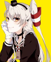 Rule 34 | 10s, 1girl, amatsukaze (kancolle), bad id, bad twitter id, dress, gloves, hand on own chin, hat, kantai collection, sailor dress, school uniform, serafuku, silver hair, single glove, twintails, two side up, yarawi, yellow eyes
