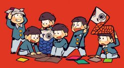 Rule 34 | 6+boys, bad id, bad pixiv id, berobero, brothers, brown hair, child, heart, heart in mouth, highres, kneeling, kodomo no hi, koinobori, looking at another, looking down, looking up, male focus, matching outfits, matsuno choromatsu, matsuno ichimatsu, matsuno jyushimatsu, matsuno karamatsu, matsuno osomatsu, matsuno todomatsu, multiple boys, osomatsu-kun, paper hat, paper kabuto, red background, sextuplets, short hair, siblings, simple background, smile, waving flag, windsock, wing collar