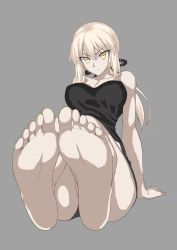 Rule 34 | 1girl, artoria pendragon (fate), barefoot, blonde hair, bnc (bunshi), breasts, collarbone, fate/grand order, fate (series), feet, hair ornament, highres, pale skin, ponytail, saber (fate), saber alter, shorts, soles, thighs, toes, yellow eyes