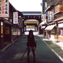 Rule 34 | 1girl, air conditioner, architecture, bicycle, chromatic aberration, east asian architecture, garter straps, gate, hair over eyes, ilya kuvshinov, katana, kyoto, long hair, original, photo-referenced, real world location, road, scabbard, sheath, solo, standing, street, sword, thighhighs, traffic light, weapon, zettai ryouiki