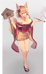 Rule 34 | &gt;:), 1girl, animal ears, bare legs, bare shoulders, blonde hair, blush, breasts, brown skirt, cleavage, collarbone, earrings, female focus, flower, fox ears, fox girl, fox tail, full body, grey background, hair flower, hair ornament, highres, holding, holding smoking pipe, japanese clothes, jewelry, kimono, kiseru, large breasts, legs, looking at viewer, makeup, nail polish, nakaichi (ridil), obi, off shoulder, open mouth, original, parted lips, pencil skirt, ponytail, red eyes, sandals, sash, short eyebrows, short hair with long locks, short kimono, skirt, smoke, smoking pipe, solo, standing, tail, v-shaped eyebrows, wide sleeves, yuujo