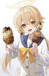 Rule 34 | bad id, bad twitter id, blue archive, blue sailor collar, cardigan, food, hair flaps, halo, hifumi (blue archive), highres, ice cream, ice cream cone, light brown hair, low twintails, plus1024, sailor collar, twintails, white cardigan, wing hair ornament, yellow eyes