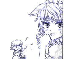 Rule 34 | 2girls, animal ears, biting, dog ears, dress, hato (grazie a domani 7), izayoi sakuya, jealous, kemonomimi mode, layered dress, looking at another, looking at viewer, lowres, maid headdress, mizuhashi parsee, monochrome, multiple girls, pointy ears, puffy short sleeves, puffy sleeves, short hair, short sleeves, thumb biting, touhou, upper body
