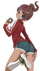 Rule 34 | 10s, 1girl, absurdres, asahina aoi, ass, bare legs, blue eyes, brown hair, commentary, danganronpa (series), dark-skinned female, dark skin, dolphin shorts, doughnut, eating, food, gym shorts, hair ornament, highres, looking at viewer, short shorts, shorts, solo, sweater, white background, yamamoto souichirou