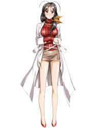 Rule 34 | 1girl, absurdres, ahoge, antenna hair, brown hair, crossed arms, full body, growlanser, growlanser iv, highres, jewelry, lab coat, legs, long hair, long sleeves, looking at viewer, miniskirt, necklace, official art, parted bangs, parted lips, pencil skirt, red eyes, skirt, sleeves past wrists, solo, standing, sweater, swept bangs, transparent background, urushihara satoshi