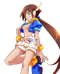 Rule 34 | 1girl, aile (mega man zx), blush, bracelet, breasts, brown hair, cropped jacket, green eyes, jewelry, kon (kin219), long hair, mega man (series), mega man zx, mega man zx advent, navel, nipples, ponytail, robot ears, shorts, third-party edit