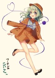 Rule 34 | alternate costume, character name, commentary request, contemporary, green eyes, green hair, heart, heart of string, highres, jacket, jacket on shoulders, jewelry, komeiji koishi, kyouda suzuka, necklace, plaid, plaid jacket, plaid skirt, sandals, simple background, skirt, solo, third eye, touhou