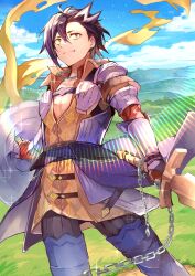 Rule 34 | 1boy, armor, black hair, black pants, blue footwear, blue sky, brown tunic, chain, chain necklace, closed mouth, collarbone, fate/grand order, fate (series), fingerless gloves, gauntlets, gloves, grey eyes, hair between eyes, holding, holding sword, holding weapon, jewelry, male focus, mandricardo (fate), multicolored hair, necklace, outdoors, pants, pectoral cleavage, pectorals, red gloves, ribbed legwear, sky, solo, streaked hair, sword, tumikilondon5, weapon