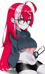 Rule 34 | 1girl, absurdres, ahoge, alternate breast size, alternate costume, arm support, black-framed eyewear, black shorts, breasts, casual, cellphone, closed mouth, colored skin, cowboy shot, crop top, cropped sweater, diamond-shaped pupils, diamond (shape), earrings, from side, glasses, gradient eyes, green eyes, grey skin, grey sweater, hair behind ear, hair between eyes, hair down, heterochromia, highleg, highleg panties, highres, hololive, hololive indonesia, honeymelon, jewelry, kureiji ollie, leaning back, long hair, long sleeves, looking at viewer, medium breasts, mismatched pupils, multicolored eyes, multicolored hair, navel, navel piercing, no bra, panties, panty straps, patchwork skin, phone, piercing, pink hair, red hair, shorts, simple background, sitting, skindentation, smartphone, solo, stitched face, stitched torso, stitches, streaked hair, sweater, symbol-shaped pupils, turtleneck, turtleneck sweater, underboob, underwear, very long hair, virtual youtuber, white background, white hair, x-shaped pupils, yellow eyes, zombie