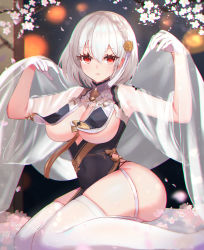 Rule 34 | 1girl, azur lane, blush, braid, branch, breast curtains, breasts, cherry blossoms, china dress, chinese clothes, cleavage, covered navel, dolce (dolsuke), dress, flower, garter straps, gloves, grey dress, hair between eyes, hair flower, hair ornament, half gloves, hands up, highres, large breasts, looking at viewer, neckwear between breasts, parted lips, red eyes, revealing clothes, see-through, see-through sleeves, short hair, side braid, sirius (azur lane), sirius (azure horizons) (azur lane), sitting, solo, thighhighs, thighs, underboob, wariza, white gloves, white hair, white thighhighs