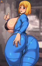 Rule 34 | absurdres, ass, black eyes, blonde hair, bodysuit, breasts, breasts out, cameltoe, cleft of venus, fallout (series), highres, huge ass, huge breasts, jmg, short hair, smile, thick thighs, thighs, thumbs up, vault girl