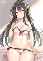 Rule 34 | 10s, 1girl, :d, areola slip, bad id, bad twitter id, bare arms, bare shoulders, bed sheet, black hair, blush, bow, bow panties, bra, breasts, breath, cleavage, collarbone, eyebrows, haruna (kancolle), head tilt, headgear, highres, kantai collection, lingerie, long hair, looking at viewer, medium breasts, navel, on bed, open mouth, panties, panty pull, red bow, rin yuu, shiny skin, sidelocks, signature, sitting, smile, solo, stomach, strap slip, thigh gap, underwear, underwear only, very long hair, white bra, white panties, yellow eyes