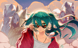 Rule 34 | 1girl, adjusting eyewear, bad id, bad pixiv id, collarbone, earrings, floating hair, green eyes, green hair, hair between eyes, hatsune miku, jewelry, kkmi, long hair, looking over eyewear, looking over glasses, necklace, red sweater, shirt, solo, solo focus, suna no wakusei (vocaloid), sunglasses, sweater, tinted eyewear, twintails, upper body, vocaloid, white shirt