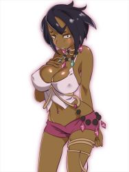 Rule 34 | 1girl, bad id, bad pixiv id, black eyes, black hair, blush, breasts, bustier, covered erect nipples, creatures (company), dark-skinned female, dark skin, earrings, game freak, hand on own chest, island kahuna, jewelry, large breasts, lipstick, looking at viewer, makeup, midriff, navel, navel piercing, necklace, nintendo, olivia (pokemon), piercing, pokemon, pokemon sm, short hair, short shorts, shorts, solo, zaitsu