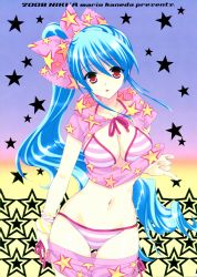 Rule 34 | 00s, 1girl, 2008, :o, absurdres, bare shoulders, bikini, blue hair, bow, bracelet, breasts, cleavage, clothes pull, fingernails, hair bow, halterneck, highres, jewelry, long hair, looking at viewer, mario kaneda, nail polish, navel, open clothes, open shirt, original, pants, pants pull, pink bikini, pulled by self, red eyes, shirt, side ponytail, solo, star (symbol), star print, striped bikini, striped clothes, swimsuit, thigh gap, very long hair