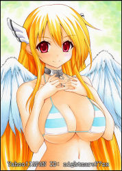 Rule 34 | 1girl, angel wings, astraea (sora no otoshimono), bikini, bikini top only, blonde hair, breasts, chain, cleavage, collar, female focus, gradient background, hands on own chest, large breasts, long hair, looking at viewer, marker (medium), navel, nightmare77zx, red eyes, smile, solo, sora no otoshimono, striped bikini, striped clothes, swimsuit, traditional media, twintails, wings