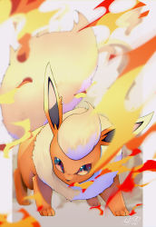 Rule 34 | blurry, blurry background, chita (ketchup), creatures (company), depth of field, fire, flareon, game freak, gen 1 pokemon, grey background, highres, looking at viewer, nintendo, pokemon, pokemon (creature), red eyes, simple background, solo, standing