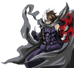 Rule 34 | 1boy, bare shoulders, brown eyes, brown hair, clenched hands, closed mouth, cowboy shot, expressionless, gloves, hair between eyes, magic, male focus, multicolored hair, muscular, nameless, nameless (kof), purple gloves, silver hair, simple background, snk, solo, split-color hair, standing, suwi, the king of fighters, two-tone hair, white background