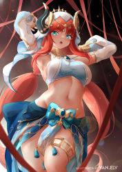 Rule 34 | 1girl, absurdres, armpits, arms up, bare shoulders, black background, blue eyes, blue skirt, breasts, brooch, commentary, cowboy shot, crop top, detached sleeves, genshin impact, groin, highres, horns, jewelry, large breasts, long hair, long sleeves, looking at viewer, midriff, navel, nilou (genshin impact), open mouth, red hair, skirt, sleeveless, solo, standing, stomach, thighlet, thighs, van.elv, veil, very long hair