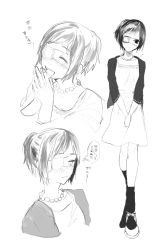 Rule 34 | 10s, 1girl, bad id, bad pixiv id, blush, collarbone, dress, eyepatch, flying sweatdrops, full body, greyscale, jewelry, long sleeves, monochrome, multiple views, mutsuki tooru, necklace, nemui neko, open mouth, own hands together, pearl necklace, short hair, simple background, smile, tokyo ghoul, tokyo ghoul:re, translation request, white background
