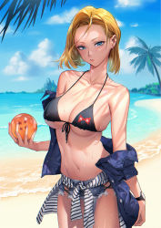 Rule 34 | 1girl, android, android 18, bare shoulders, beach, bikini, bikini top only, blonde hair, blue eyes, blue sky, breasts, cleavage, closed mouth, cloud, cloudy sky, collarbone, commentary, day, dragon ball, dragon ball (object), dragonball z, earrings, highres, holding, jacket, jewelry, lips, logo, medium breasts, medium hair, mhk (mechamania), navel, ocean, off shoulder, outdoors, palm leaf, palm tree, parted bangs, red ribbon army, shore, short shorts, shorts, sky, sleeveless, sleeveless jacket, solo, stomach, swimsuit, tree, watch, water, water drop, wet