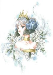 Rule 34 | 1girl, bad id, bad pixiv id, choker, crown, feathers, female focus, flower, gwendolyn (odin sphere), hair ornament, lowres, nanai yuki, odin sphere, painting (medium), plant, rose, solo, traditional media, upper body, watercolor (medium), white background, white flower, white rose