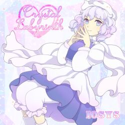 Rule 34 | 1girl, album cover, blue eyes, blue skirt, blue vest, boots, circle name, closed mouth, colored skin, cover, english text, eyelashes, feet out of frame, game cg, hat, ice background, iosys, juliet sleeves, layered skirt, letty whiterock, lobo (kyodai na robo), long sleeves, looking at viewer, miniskirt, multicolored skin, official art, own hands together, pantyhose, puffy sleeves, purple eyes, purple hair, scarf, shirt, short hair, skirt, smile, solo, touhou, touhou cannonball, triangular headpiece, two-tone eyes, two-tone skin, vest, white footwear, white hat, white pantyhose, white scarf, white shirt, white skirt