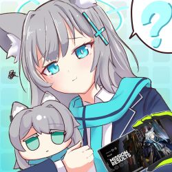 Rule 34 | 1girl, :t, ?, animal ear fluff, animal ears, arknights, black gloves, blue archive, blue eyes, blue jacket, blue necktie, blue scarf, cellphone, character doll, closed mouth, collared shirt, colored eyelashes, commentary, gloves, green eyes, green gloves, grey hair, halo, highres, holding, holding phone, jacket, kelsuis, looking at viewer, necktie, ogura yui, open clothes, open jacket, phone, pout, rosmontis (arknights), scarf, school uniform, shiroko (blue archive), shirt, single glove, solo, spoken question mark, squiggle, upper body, voice actor connection, wavy mouth, white shirt, wolf ears
