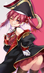 Rule 34 | 1girl, ;q, anchor symbol, ascot, ass, black coat, black hat, blush, brooch, brown thighhighs, buttons, coat, commentary request, contrapposto, dress, eretto, gloves, gold trim, hair ribbon, hand on own hip, hat, highres, hololive, houshou marine, index finger raised, jewelry, leaning forward, long hair, miniskirt, no panties, one eye closed, pirate, pirate hat, red ascot, red background, red dress, red eyes, red hair, red ribbon, red skirt, ribbon, simple background, skirt, solo, standing, thighhighs, tongue, tongue out, twintails, two-tone background, upper body, virtual youtuber, white background, white gloves