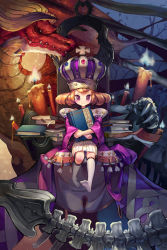 Rule 34 | 1girl, bone, book, book stack, brown hair, candle, crossed arms, crown, dragon, fangzhenyu, full body, holding, holding book, inishie no megami to houseki no ite, kneehighs, looking at viewer, official art, purple eyes, purple robe, robe, sitting, skeleton, socks, spine, throne, white socks