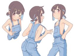 Rule 34 | 1girl, :/, ;), bare arms, bare shoulders, blue hair, brown eyes, brown hair, colored inner hair, commentary, flat chest, hand on own hip, highres, hozuki momiji, kuukyokurui, multicolored hair, multiple views, naked overalls, one eye closed, onii-chan wa oshimai!, overalls, short hair, short ponytail, simple background, smile, two-tone hair, v, white background