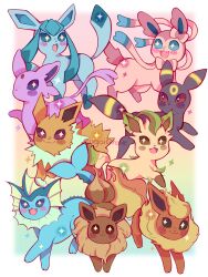 Rule 34 | animal focus, blush stickers, commentary, creature, creatures (company), eevee, espeon, fiery tail, fins, fish tail, flareon, fluffy, full body, game freak, gen 1 pokemon, gen 2 pokemon, gen 4 pokemon, gen 6 pokemon, glaceon, happy, highres, jolteon, leaf, leafeon, looking at viewer, nintendo, no humans, open mouth, pokemon, pokemon (creature), rainbow background, rainbow gradient, smile, sparkle, sparkling eyes, sugoigrove, sylveon, symbol-only commentary, tail, umbreon, vaporeon, watermark