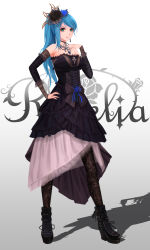 Rule 34 | 1girl, bang dream!, black dress, black flower, black footwear, black pantyhose, black rose, black sleeves, blue flower, blue hair, blue nails, blue rose, boots, breasts, closed mouth, detached sleeves, dress, flower, full body, gothic lolita, gradient background, green eyes, grey background, hair flower, hair ornament, hand on own hip, high ponytail, highres, hikawa sayo, jewelry, layered dress, lolita fashion, long hair, long sleeves, looking at viewer, medium breasts, nail polish, necklace, pantyhose, rose, roselia (bang dream!), shadow, sleeveless, sleeveless dress, solo, strapless, strapless dress, swept bangs, white background, yuzuriha (atelier liang)