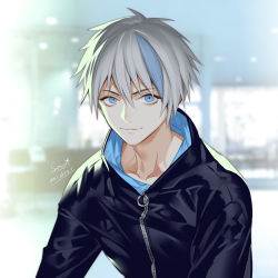 Rule 34 | 1boy, artist name, banned artist, blue eyes, blue hair, blurry, blurry background, closed mouth, jacket, looking at viewer, male focus, midori foo, multicolored hair, original, short hair, solo, two-sided fabric, two-sided jacket, upper body, white hair, zipper