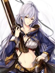 Rule 34 | 10s, 1girl, belt, braid, breasts, cape, cleavage cutout, clothing cutout, crop top, female focus, granblue fantasy, gun, hair between eyes, hand on own hip, highres, large breasts, long hair, looking at viewer, midriff, navel, open mouth, shell casing, silva (granblue fantasy), silver hair, skirt, skirt set, solo, twin braids, very long hair, watao, wavy hair, weapon, yellow eyes