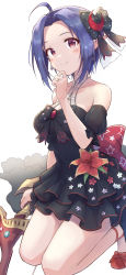 Rule 34 | 1girl, absurdres, ahoge, arrow (projectile), bare legs, black dress, blue hair, blush, breasts, cleavage, cleavage cutout, clothing cutout, collarbone, commission, detached sleeves, dress, earrings, floral print, frilled dress, frills, hand on own chin, highres, idolmaster, idolmaster (classic), idolmaster million live!, jewelry, kneeling, large breasts, layered dress, looking at viewer, miura azusa, pixiv commission, pointy ears, ring, short hair, shuucream (syuichi), simple background, sleeveless, sleeveless dress, smile, solo, star (symbol), star earrings, white background