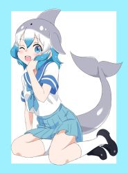 Rule 34 | 1girl, adapted costume, bad id, bad twitter id, black footwear, blowhole, blue border, blue eyes, blue hair, blue neckerchief, border, cetacean tail, commentary request, common bottlenose dolphin (kemono friends), fins, fish tail, grey hair, hand on own cheek, hand on own face, ilyfon133, kemono friends, light blue skirt, loafers, lying, multicolored hair, neckerchief, on side, one eye closed, pleated skirt, sailor collar, school uniform, serafuku, shoes, short hair, short sleeves, simple background, skirt, socks, solo, tail, white background, white hair, white socks