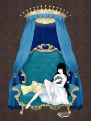 Rule 34 | 1girl, barefoot, black hair, bloomers, blue nails, blunt bangs, book, book stack, couch, curtains, dress, expressionless, frilled dress, frills, full body, grey eyes, holding, holding book, long hair, looking at viewer, moriya yuka, nail polish, original, pillow, second-party source, sitting, sleeves past wrists, solo, toenail polish, toenails, underwear, very long hair, white dress