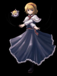 Rule 34 | 1girl, alice margatroid, apron, belt, black background, blonde hair, blue eyes, boots, capelet, doll, expressionless, female focus, flying, frills, full body, hyuuga azuri, knee boots, looking at viewer, necktie, red necktie, short hair, simple background, siten, solo, standing, touhou, waist apron, x arms