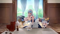 Rule 34 | 2girls, aged down, apron, arms up, azur lane, belfast (azur lane), blue dress, blue eyes, braid, breasts, chain, checkered floor, cleavage, collar, collarbone, commentary request, cup, dress, elbow gloves, floating hair, french braid, frilled apron, frilled gloves, frills, gloves, hair between eyes, highres, holding, holding tray, indoors, large breasts, little bel (azur lane), long hair, looking at viewer, maid, maid apron, maid headdress, manjuu (azur lane), masoo, multiple girls, side braid, silver hair, sleeveless, smile, teacup, tray, very long hair, waist apron, white apron, white gloves, window