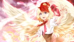 Rule 34 | 1girl, :d, animal, animal on head, arkatopia, arm up, bird, blonde hair, brown dress, chick, commentary request, dress, feathered wings, feathers, hair between eyes, highres, looking at viewer, multicolored hair, niwatari kutaka, on head, open mouth, purple eyes, red hair, red neckwear, shirt, short hair, smile, solo, touhou, two-tone hair, upper body, white shirt, wings, yellow wings