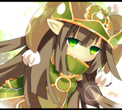 Rule 34 | 1girl, brown hair, covered mouth, female focus, gnome (mon-musu quest!), green eyes, hat, hime cut, letterboxed, long hair, mon-musu quest!, pointy ears, sidelocks, solo, zamudelin