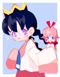 Rule 34 | 1girl, 2girls, black hair, blue background, blue eyes, blue neckerchief, blush, border, braid, collared shirt, commentary request, crown, fairy, fairy wings, flying sweatdrops, glasses, hair between eyes, hair ribbon, highres, kirby (series), kirby 64, long hair, long sleeves, looking at viewer, multiple girls, neckerchief, nervous, nintendo, noniha, open mouth, pink hair, pink shirt, purple eyes, red ribbon, red shirt, ribbon, ribbon (kirby), ripple star queen, round eyewear, shirt, short hair, sleeves past fingers, sleeves past wrists, twin braids, white border, wings