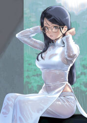 Rule 34 | 1girl, black hair, bra, bra visible through clothes, breasts, brown eyes, commentary request, dress, glasses, highres, long hair, long sleeves, looking at viewer, medium breasts, nanja, original, parted lips, rain, revision, see-through, side slit, sitting, solo, underwear, vietnamese clothes, vietnamese dress, wet, wet clothes, wet dress, wet hair, white bra, white dress