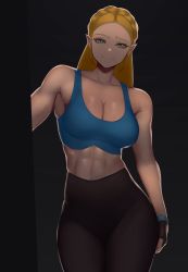 Rule 34 | 1girl, abs, absurdres, alternate costume, bad id, bad pixiv id, black gloves, black pants, blonde hair, blue bra, bra, braid, breasts, collarbone, contemporary, crown braid, fingerless gloves, gloves, green eyes, high-waist pants, highres, leaning to the side, long hair, looking at viewer, medium breasts, muscular, muscular female, nintendo, pants, pointy ears, princess zelda, smile, solo, sports bra, the legend of zelda, the legend of zelda: breath of the wild, underwear, wii fit, wii fit trainer, wii fit trainer (female), yoga pants, zaki (zaki btw)