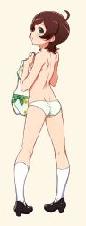Rule 34 | 1girl, ahoge, aqua eyes, ass, back, bikini, black footwear, bow, breasts, brown hair, clothes hanger, floral print, from behind, full body, green bikini, green bow, hands up, heppoko r, highres, holding, holding clothes hanger, idolmaster, idolmaster million live!, kinoshita hinata, legs apart, light blush, looking to the side, mary janes, no pants, panties, parted lips, shoes, short hair, simple background, small breasts, socks, solo, standing, swept bangs, swimsuit, topless, twisted torso, underwear, underwear only, white panties, white socks, yellow background