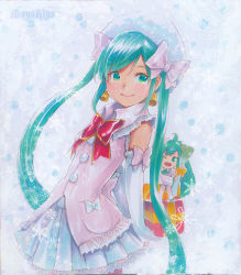 Rule 34 | 1girl, arms behind back, artist name, blue hair, blush, bow, bowtie, box, cowboy shot, detached sleeves, floating hair, frilled skirt, frills, gift, gift box, green eyes, hair between eyes, hair bow, hat, hatsune miku, holding, holding box, long hair, long sleeves, looking at viewer, marker (medium), mayo riyo, mini person, minigirl, miniskirt, pleated skirt, red bow, red bowtie, skirt, smile, solo, standing, traditional media, twintails, very long hair, vocaloid, white bow, white hat, white skirt, white sleeves, wing collar