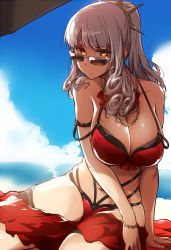 Rule 34 | 1girl, bare shoulders, beach, bikini, blush, bracelet, breasts, carmilla (fate), carmilla (summertime mistress) (fate), chain, chain necklace, cleavage, cloud, curly hair, day, fate/grand order, fate (series), hair ornament, jewelry, large breasts, long hair, looking at viewer, navel, necklace, ocean, outdoors, ponytail, red bikini, sarong, shadow, sidelocks, silver hair, sky, solo, strap slip, sunglasses, swimsuit, thighs, tokiwa mmm, umbrella, wristband, yellow eyes